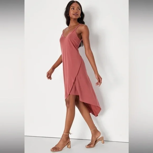 Lulu’s Hi-Low Twin Spaghetti Strap Stretch Knit Dress In Washed Red Size M - Picture 4 of 10